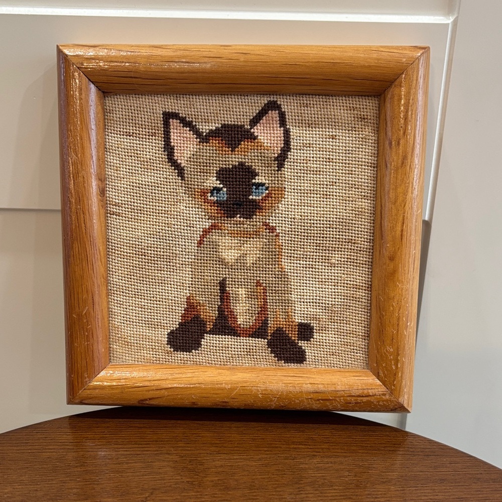 Framed Needlepoint Siamese Cat Art - Blue Eyes